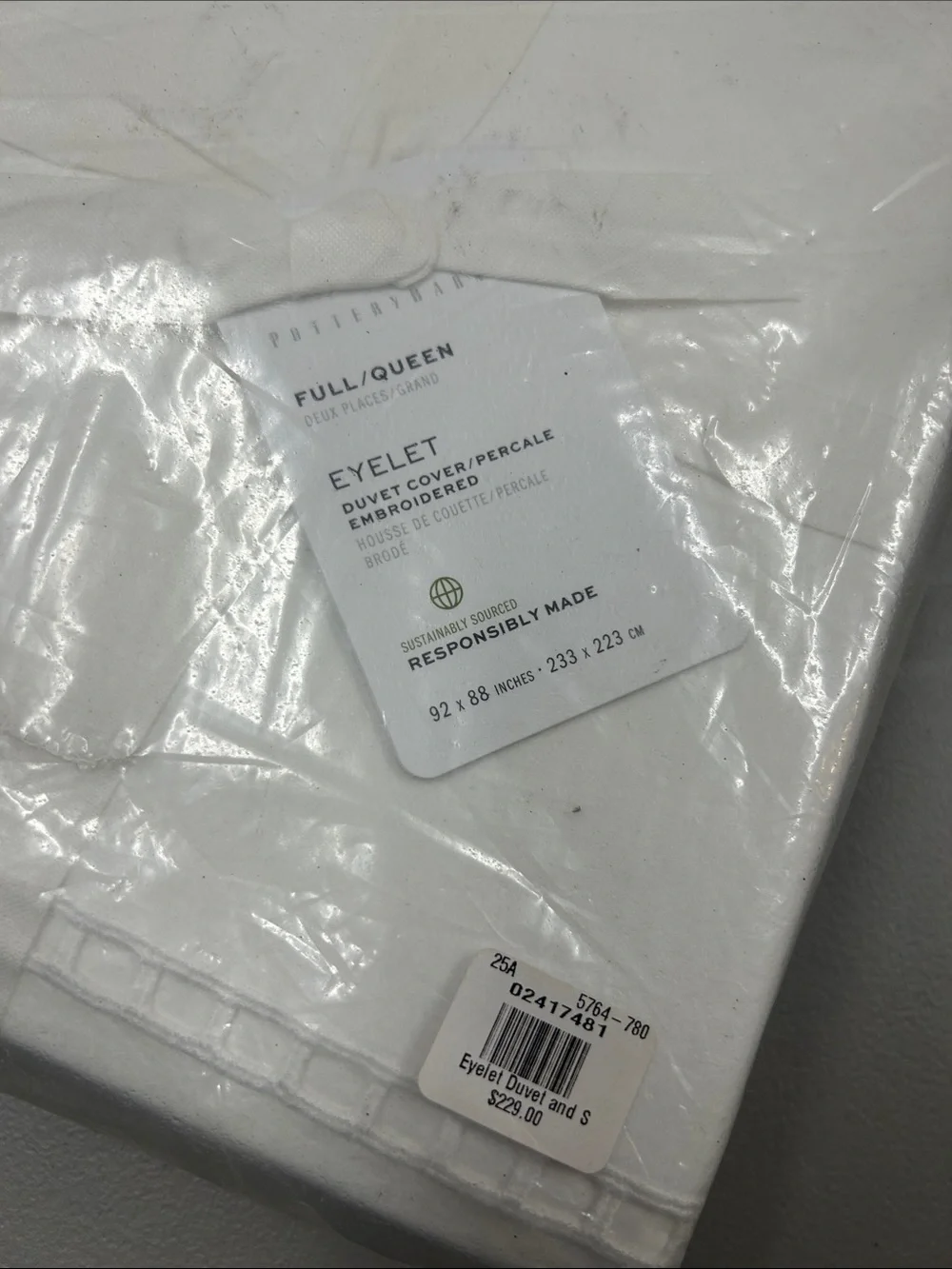 Pottery Barn Eyelet Duvet Cover Cotton Percale White Full Queen Size Bedding NWT